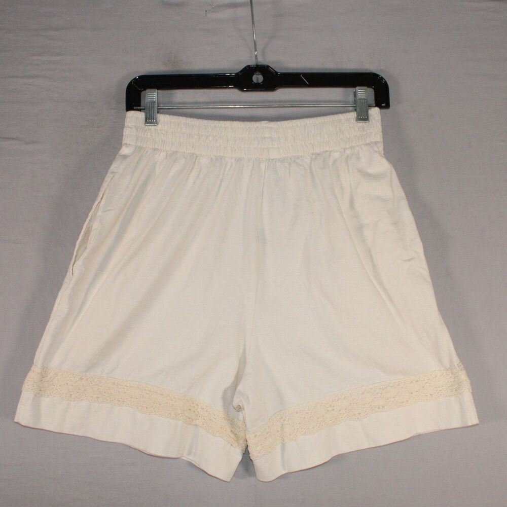 Katelyn Rose White Cotton Shorts High Waist Crochet Knit Trim Lounge Vintage M